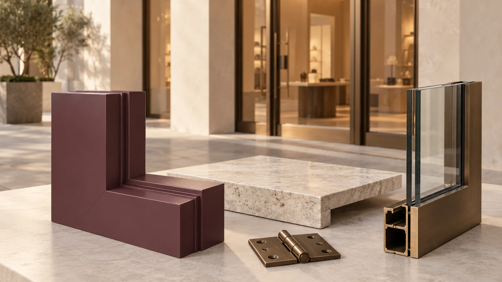 Retail fabrication concept close-up with a plum joinery sample, cream stone and bronze shopfront components.