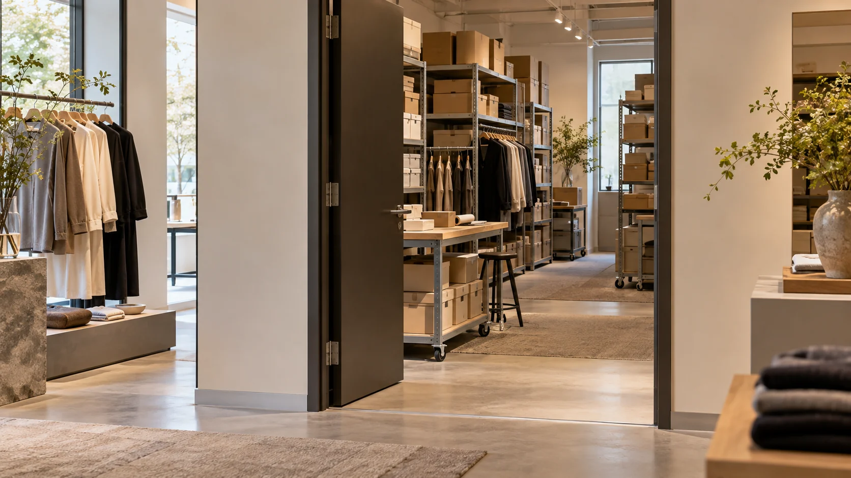 An open boutique stockroom contains plain boxes, garment rails, organized shelving and a compact packing bench behind a calm retail floor. Design concept.